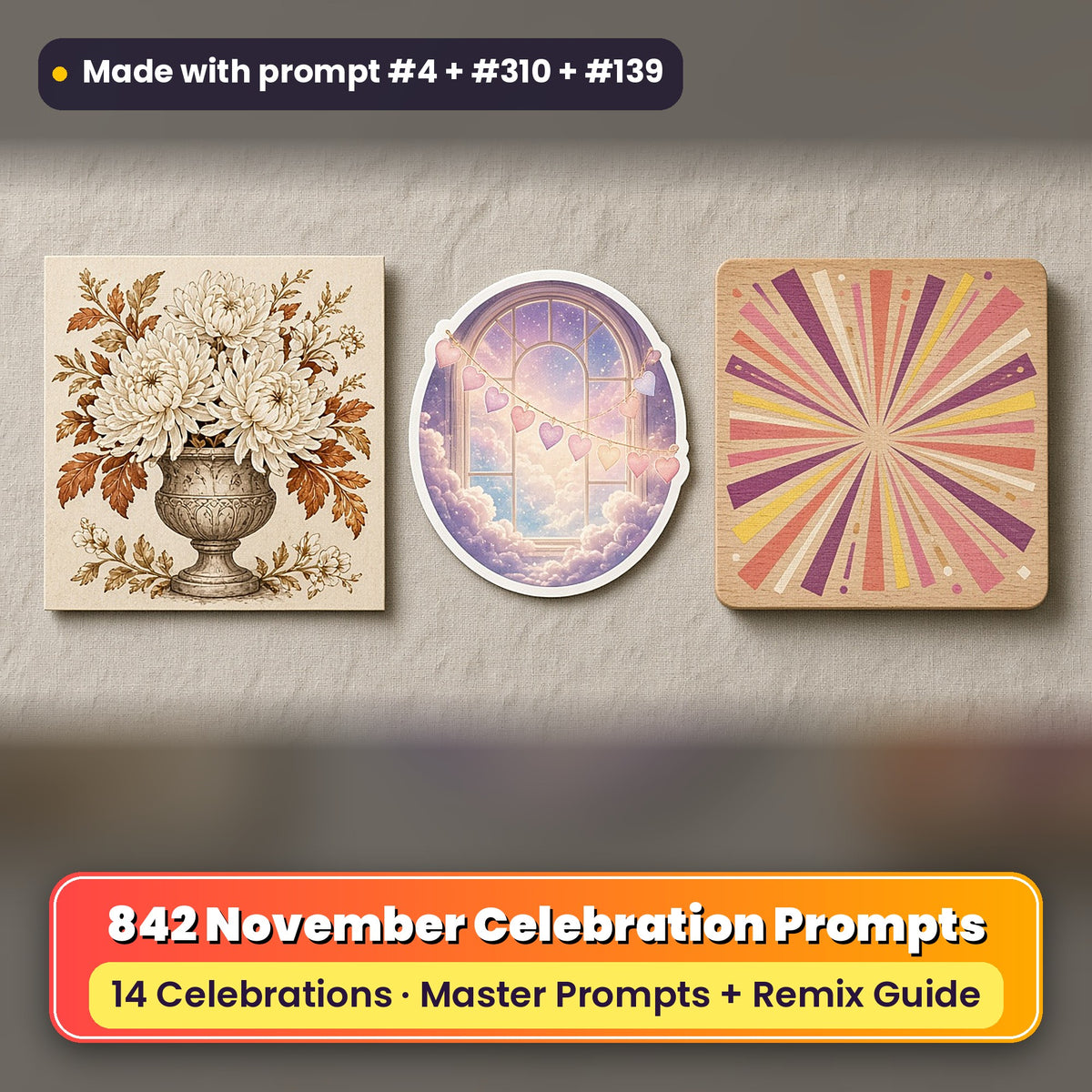 November Celebrations prompt bundle: 842 master prompts + Remix Guide, with a UV-printed greeting card, acrylic ornament and mug set made with prompts #4, #310 and #139