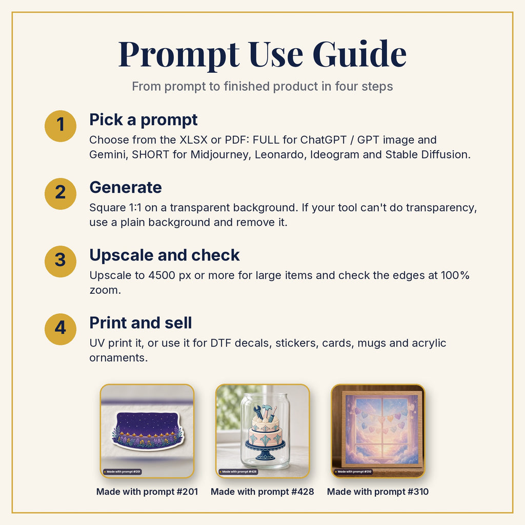 Prompt Use Guide: pick a prompt, generate, upscale and check, then print and sell, with example products made with prompts #201, #428 and #310