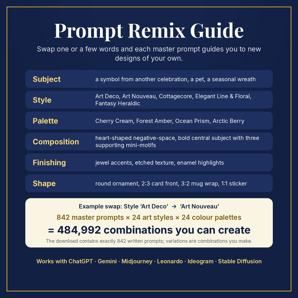 Prompt Remix Guide: swap subject, style, palette, composition, finishing and shape; 842 master prompts × 24 styles × 24 palettes = 484,992 combinations you can create