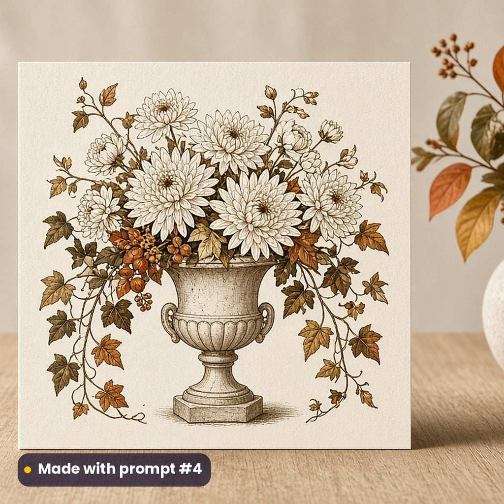 All Saints' Day artwork printed on a flat-printed greeting card: white chrysanthemums in a stone urn, elegant line & floral style, made with prompt #4 from this pack