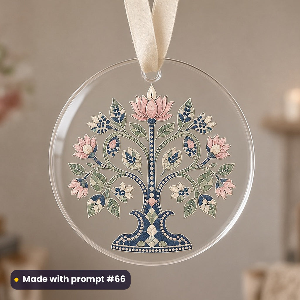Día de los Muertos artwork printed on a UV-printed clear acrylic ornament: clay tree-of-life candelabra with flowers, mosaic jewel style, made with prompt #66 from this pack