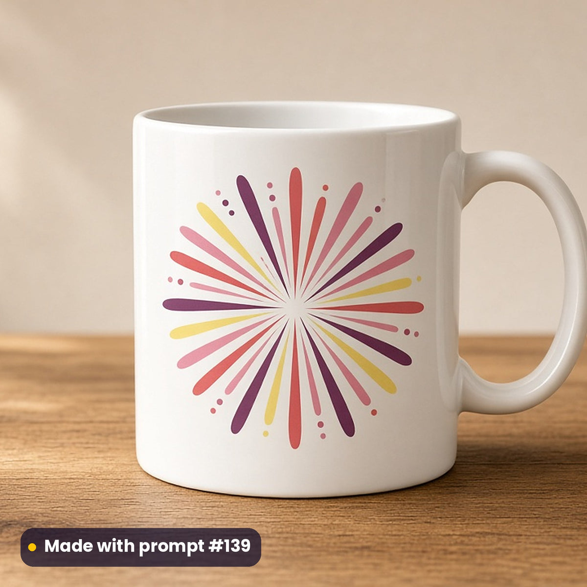 Bonfire Night artwork printed on a UV-printed ceramic mug: retro-style firework burst in bold rays, modern scandinavian style, made with prompt #139 from this pack