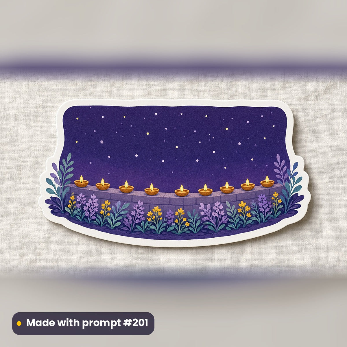 Diwali artwork printed on a die-cut vinyl sticker: new-moon night sky glowing with lamps, folk art style, made with prompt #201 from this pack