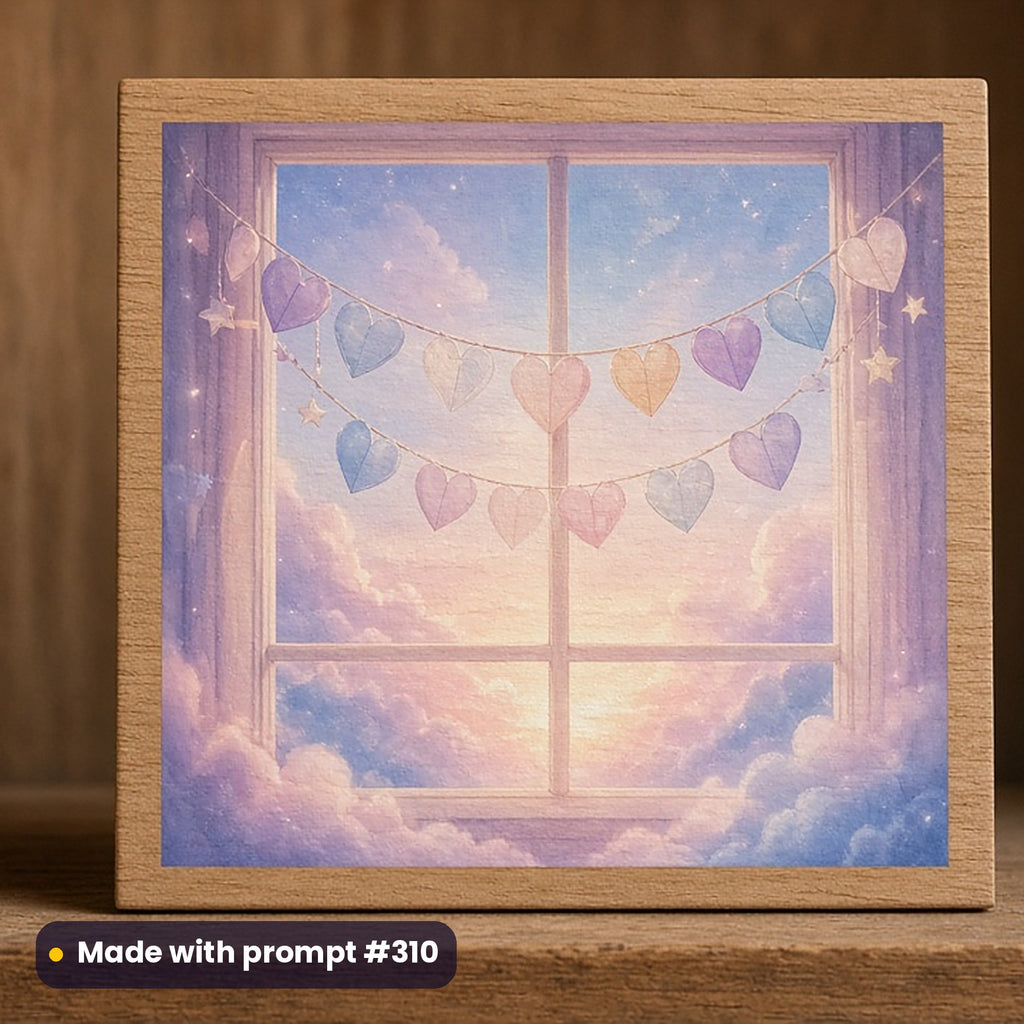 World Kindness Day artwork printed on a UV-printed wooden plaque: string of paper hearts across a window, fantasy luminous style, made with prompt #310 from this pack