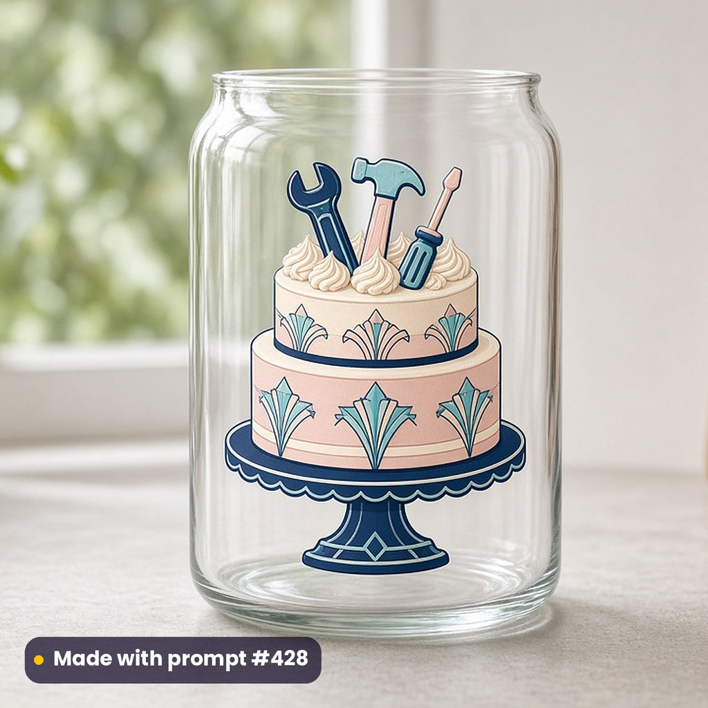 International Men's Day artwork printed on a UV DTF decal on glass: celebration cake shaped like a toolbox, art deco style, made with prompt #428 from this pack