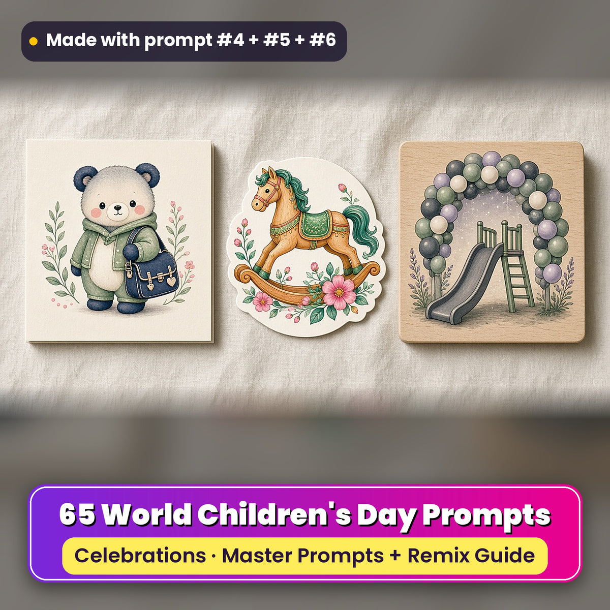 World Children's Day prompt pack: 65 master prompts + Remix Guide, with a UV-printed greeting card, acrylic ornament and mug set made with prompts #4, #5 and #6