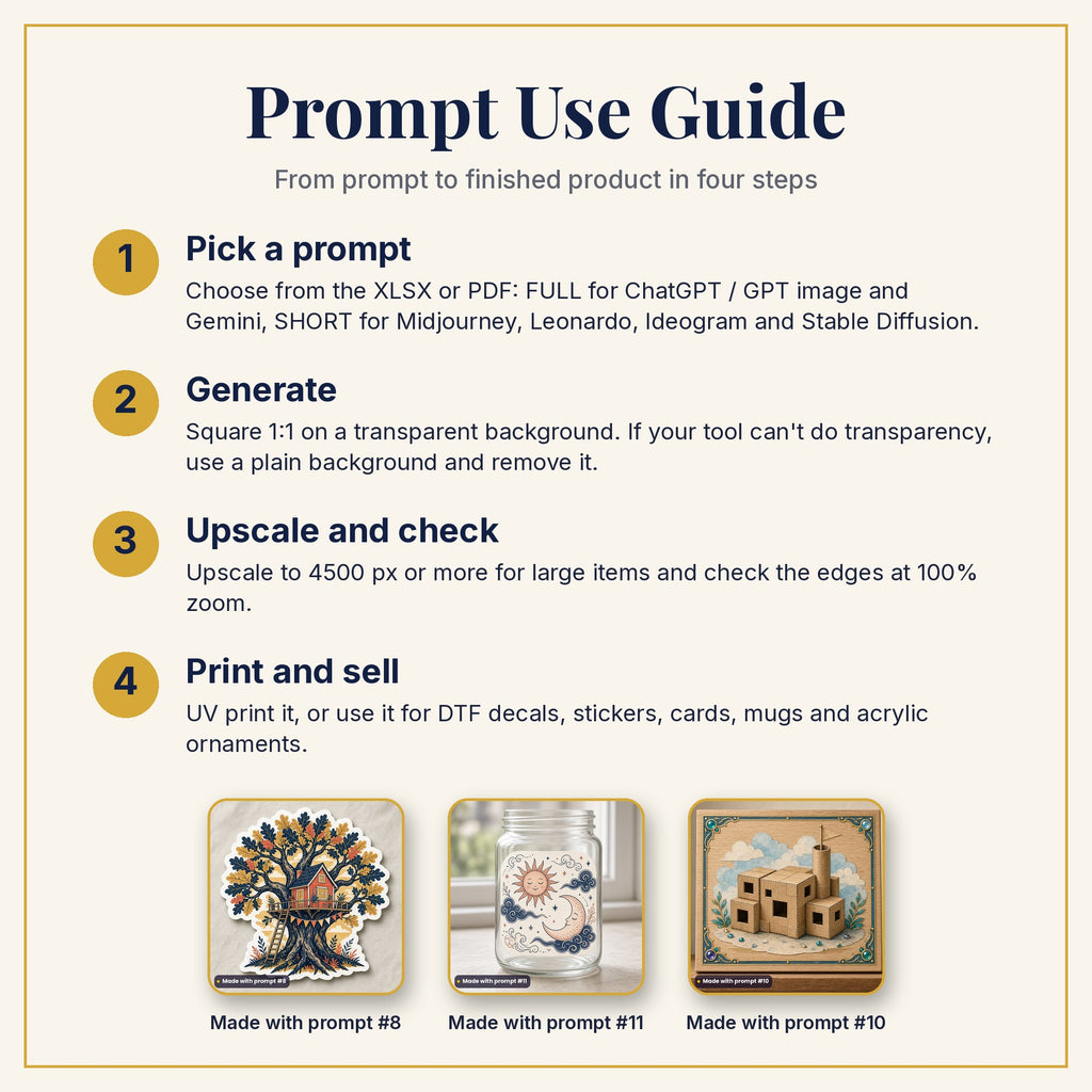Prompt Use Guide: pick a prompt, generate, upscale and check, then print and sell, with example products made with prompts #8, #11 and #10