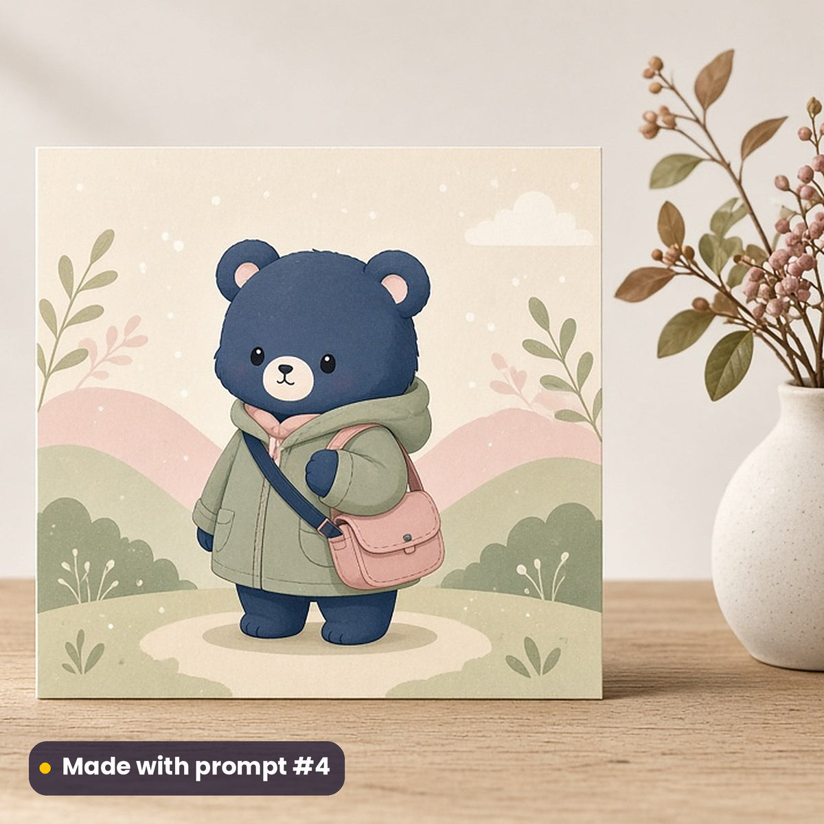 World Children's Day artwork printed on a flat-printed greeting card: cute bear with a school bag, cute kawaii style, made with prompt #4 from this pack