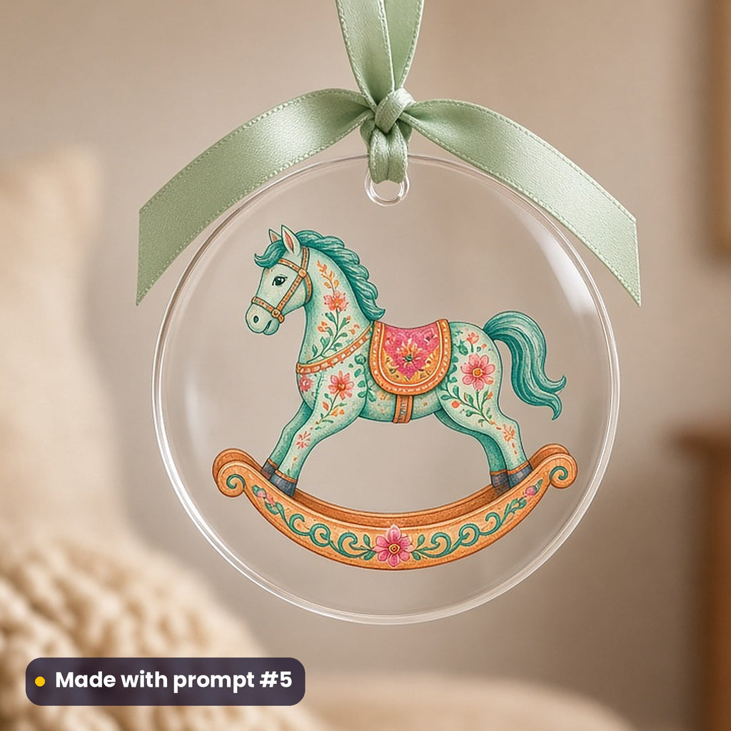 World Children's Day artwork printed on a UV-printed clear acrylic ornament: wooden rocking horse, elegant line & floral style, made with prompt #5 from this pack