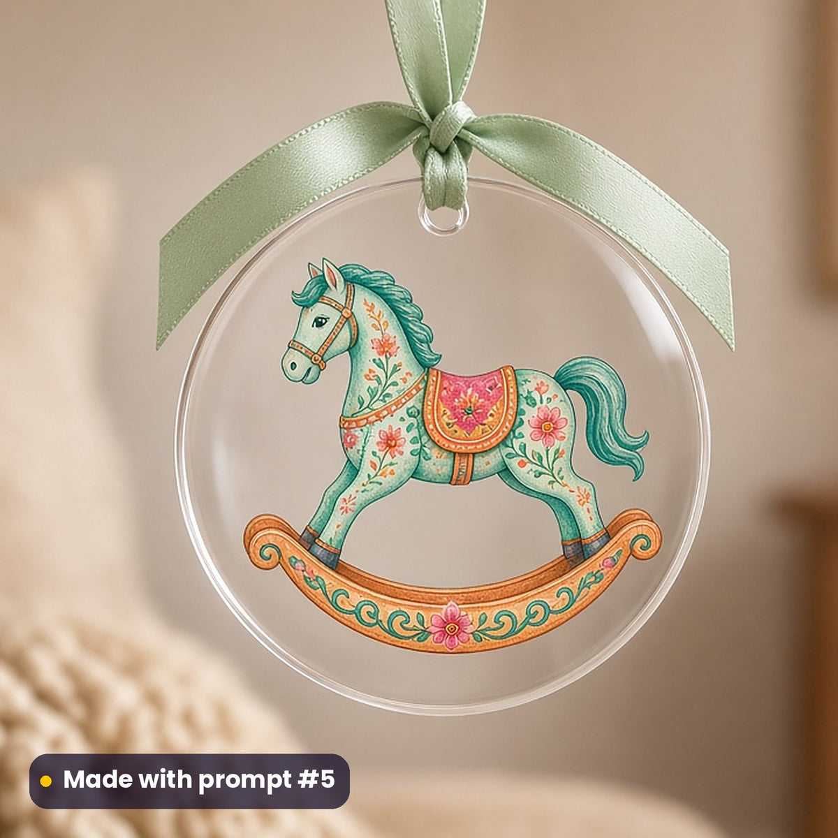 World Children's Day artwork printed on a UV-printed clear acrylic ornament: wooden rocking horse, elegant line & floral style, made with prompt #5 from this pack