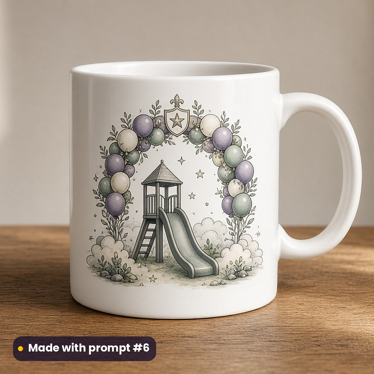 World Children's Day artwork printed on a UV-printed ceramic mug: balloon arch over a playground slide, fantasy heraldic style, made with prompt #6 from this pack