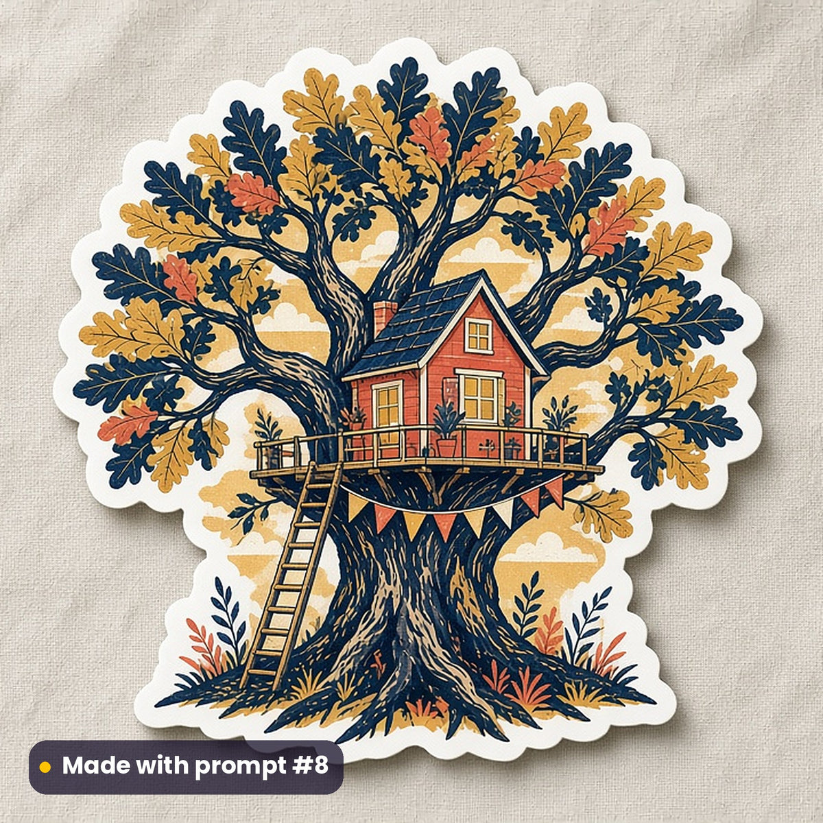 World Children's Day artwork printed on a die-cut vinyl sticker: treehouse in a giant oak, folk art style, made with prompt #8 from this pack