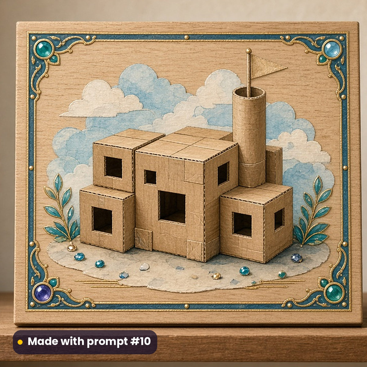 World Children's Day artwork printed on a UV-printed wooden plaque: castle made of cardboard boxes, luxury enamel & gemstone style, made with prompt #10 from this pack