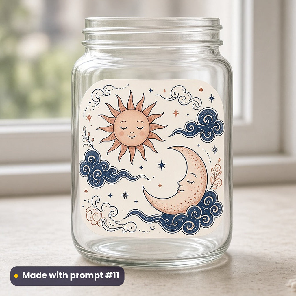 World Children's Day artwork printed on a UV DTF decal on glass: smiling sun and sleepy moon, luxury porcelain style, made with prompt #11 from this pack