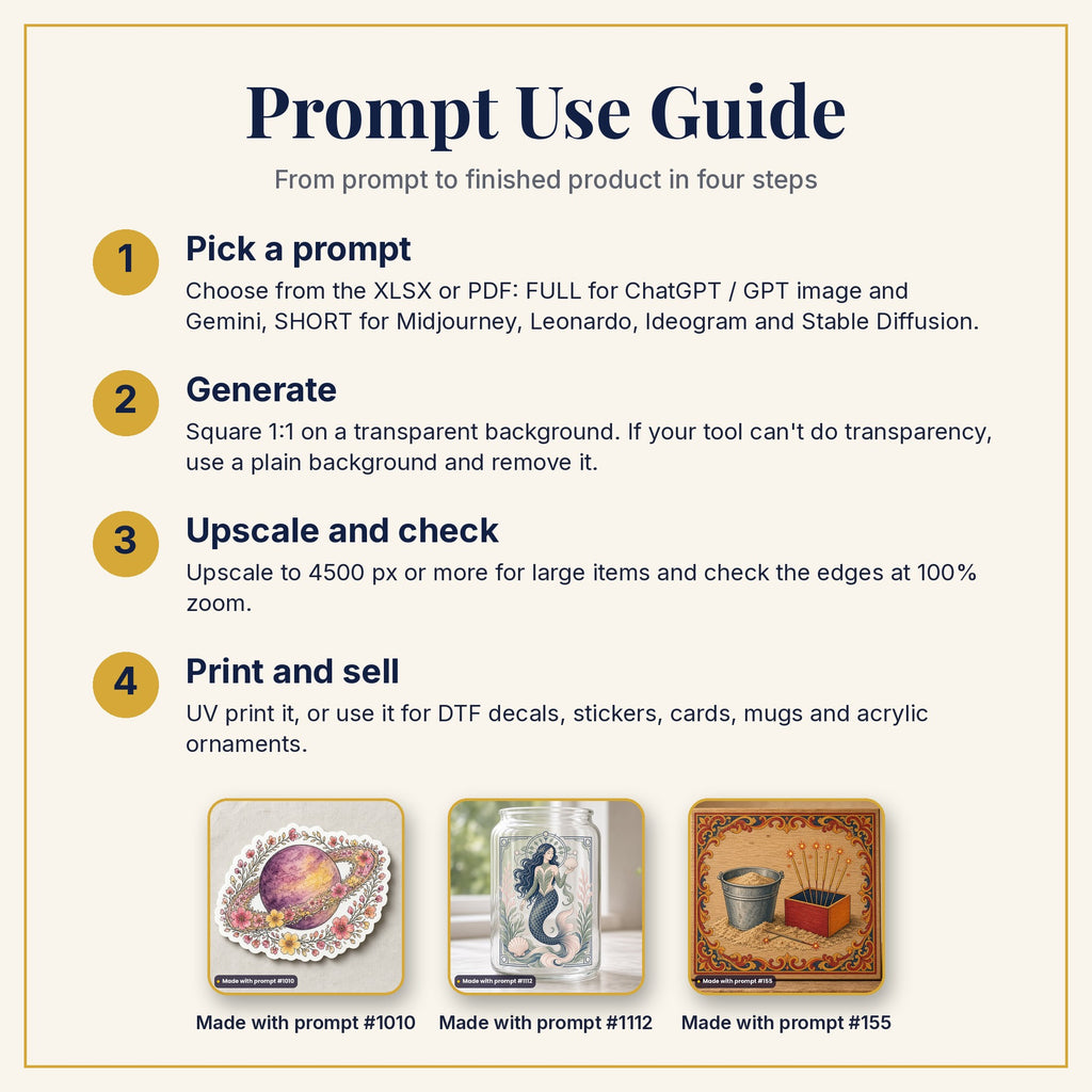 Prompt Use Guide: pick a prompt, generate, upscale and check, then print and sell, with example products made with prompts #1010, #1112 and #155