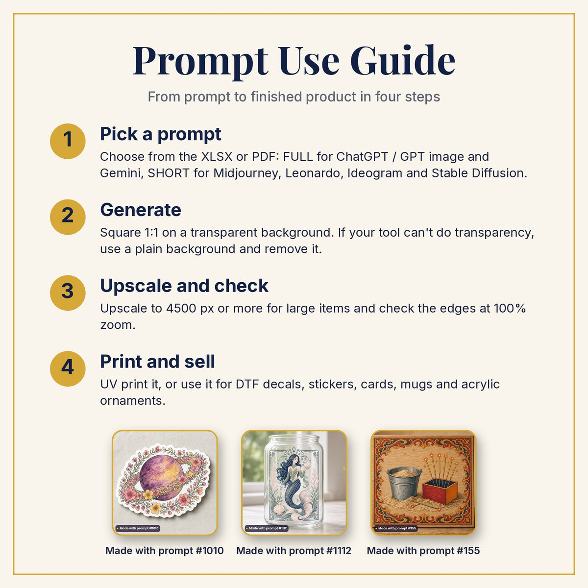 Prompt Use Guide: pick a prompt, generate, upscale and check, then print and sell, with example products made with prompts #1010, #1112 and #155
