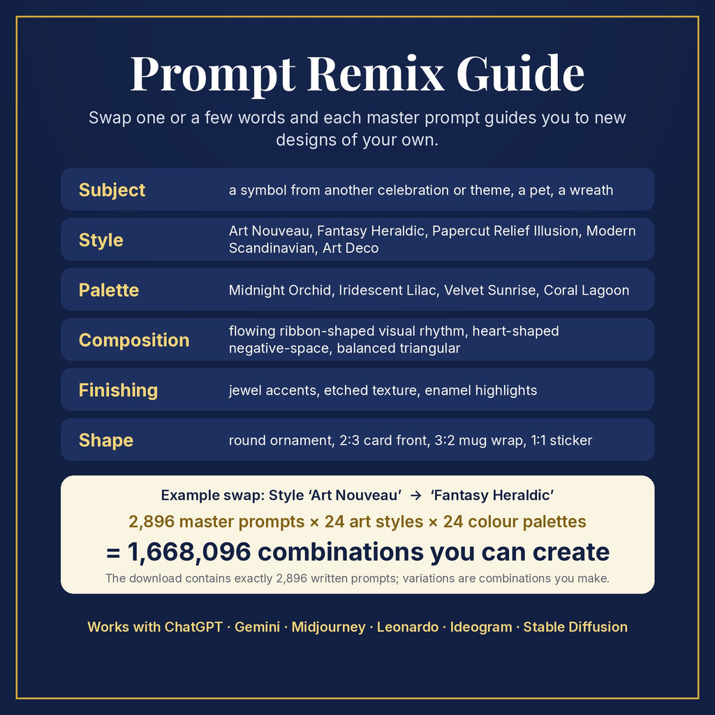 Prompt Remix Guide: swap subject, style, palette, composition, finishing and shape; 2,896 master prompts × 24 styles × 24 palettes = 1,668,096 combinations you can create