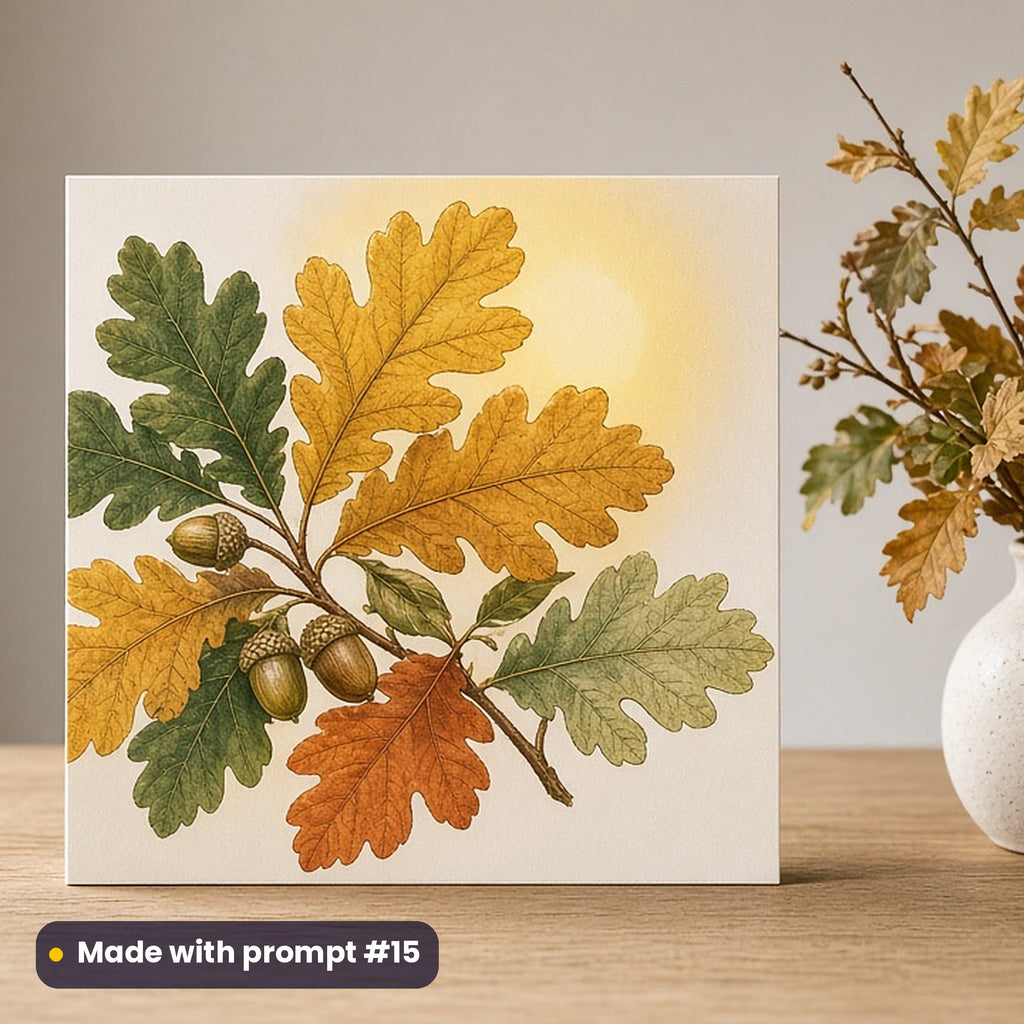 All Saints' Day artwork printed on a flat-printed greeting card: autumn oak leaves in golden light, vintage botanical style, made with prompt #15 from this pack