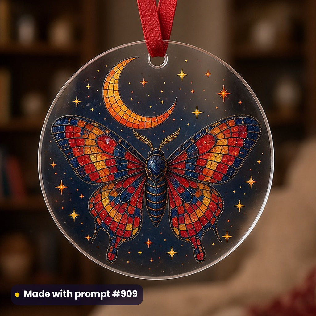 Gothic & Alternative artwork printed on a UV-printed clear acrylic ornament: gothic moth and crescent, mosaic jewel style, made with prompt #909 from this pack