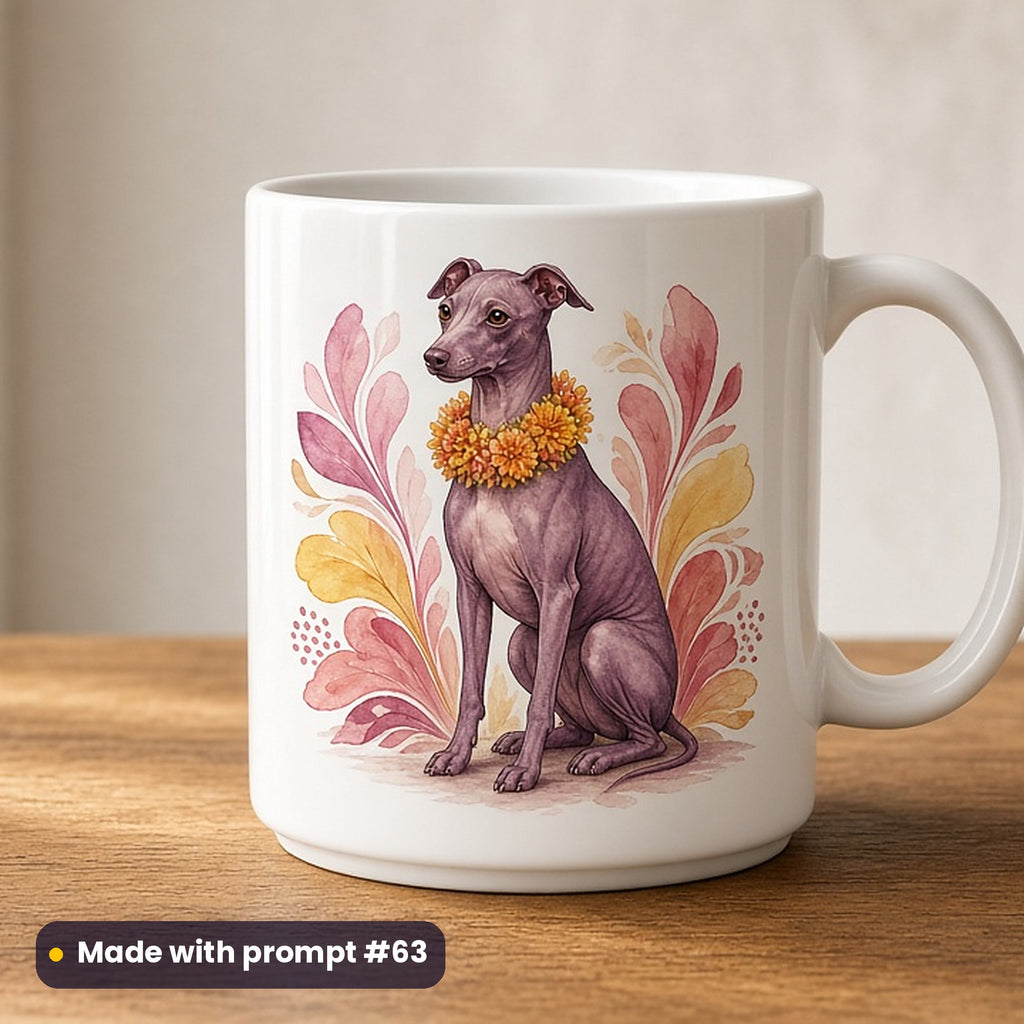 Día de los Muertos artwork printed on a UV-printed ceramic mug: hairless xolo dog wearing a marigold collar, luxury porcelain style, made with prompt #63 from this pack