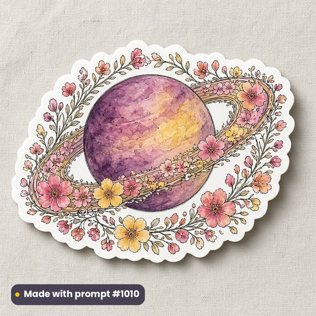Celestial & Astrology artwork printed on a die-cut vinyl sticker: Saturn with flower rings, watercolour & ink style, made with prompt #1010 from this pack