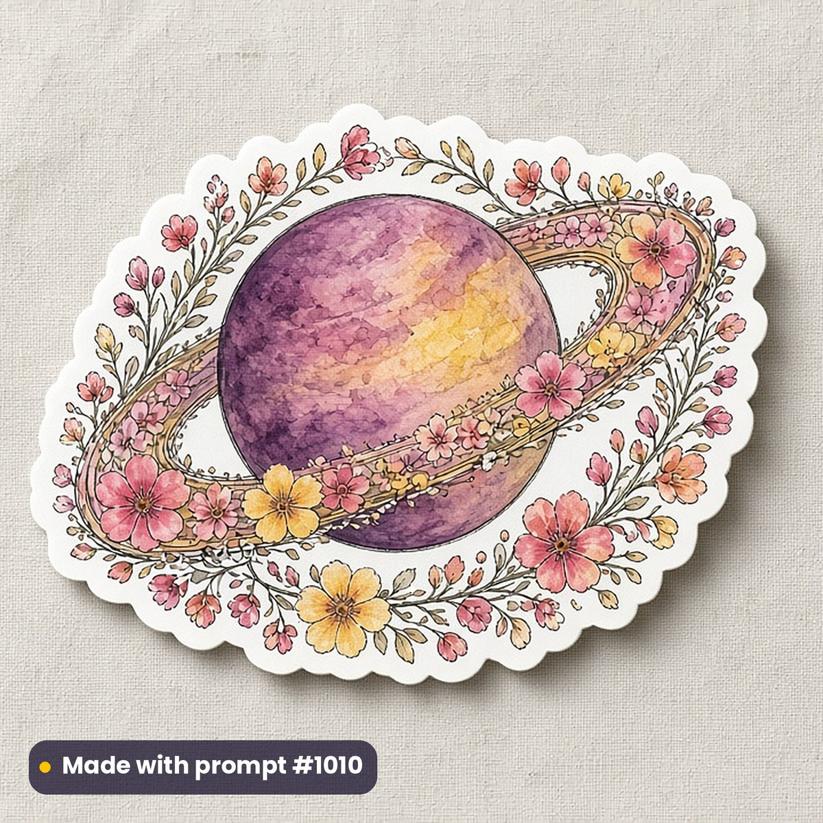 Celestial & Astrology artwork printed on a die-cut vinyl sticker: Saturn with flower rings, watercolour & ink style, made with prompt #1010 from this pack