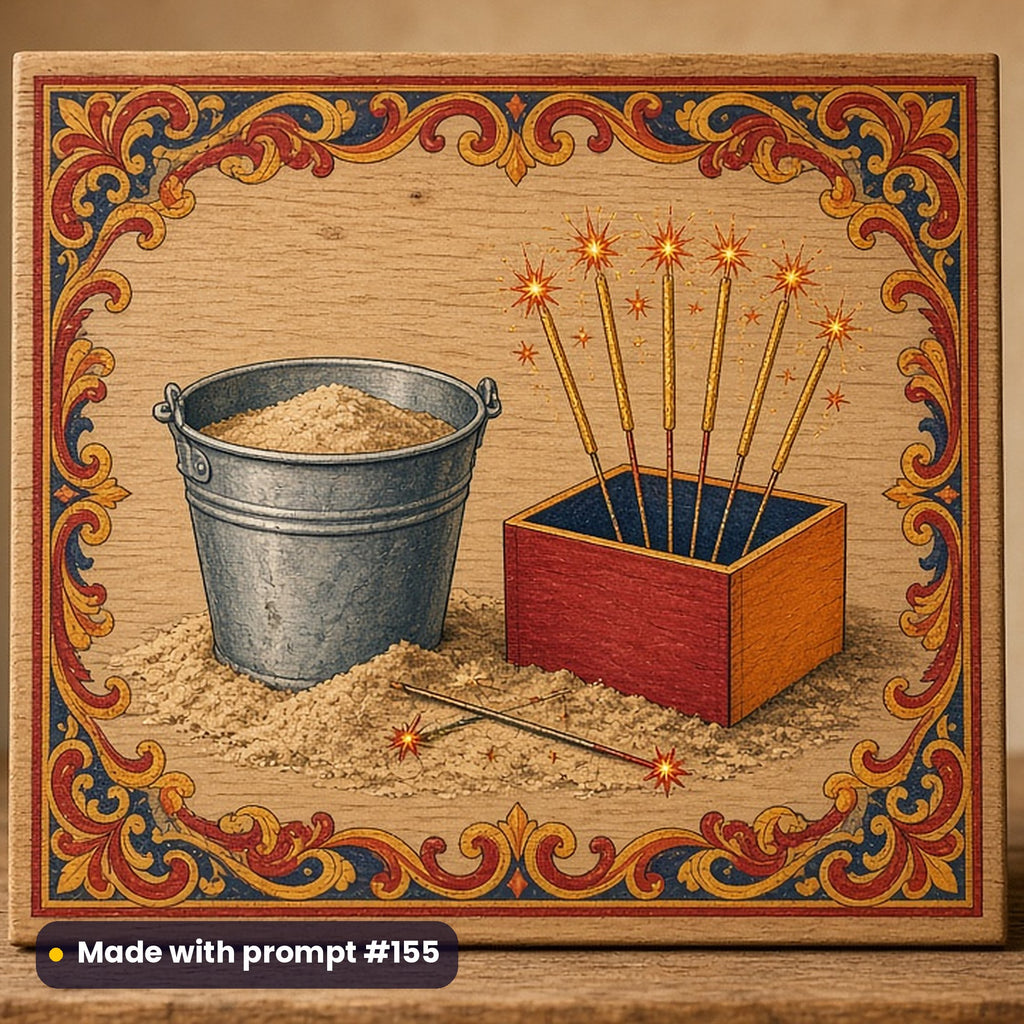 Bonfire Night artwork printed on a UV-printed wooden plaque: bucket of sand beside a box of sparklers, fantasy heraldic style, made with prompt #155 from this pack