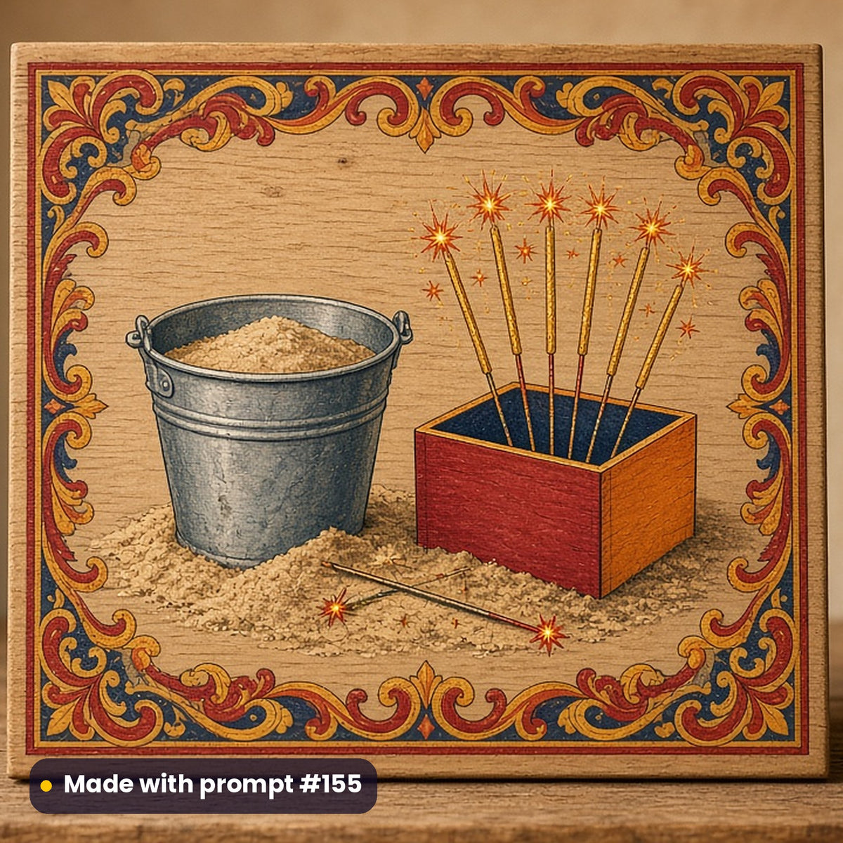 Bonfire Night artwork printed on a UV-printed wooden plaque: bucket of sand beside a box of sparklers, fantasy heraldic style, made with prompt #155 from this pack