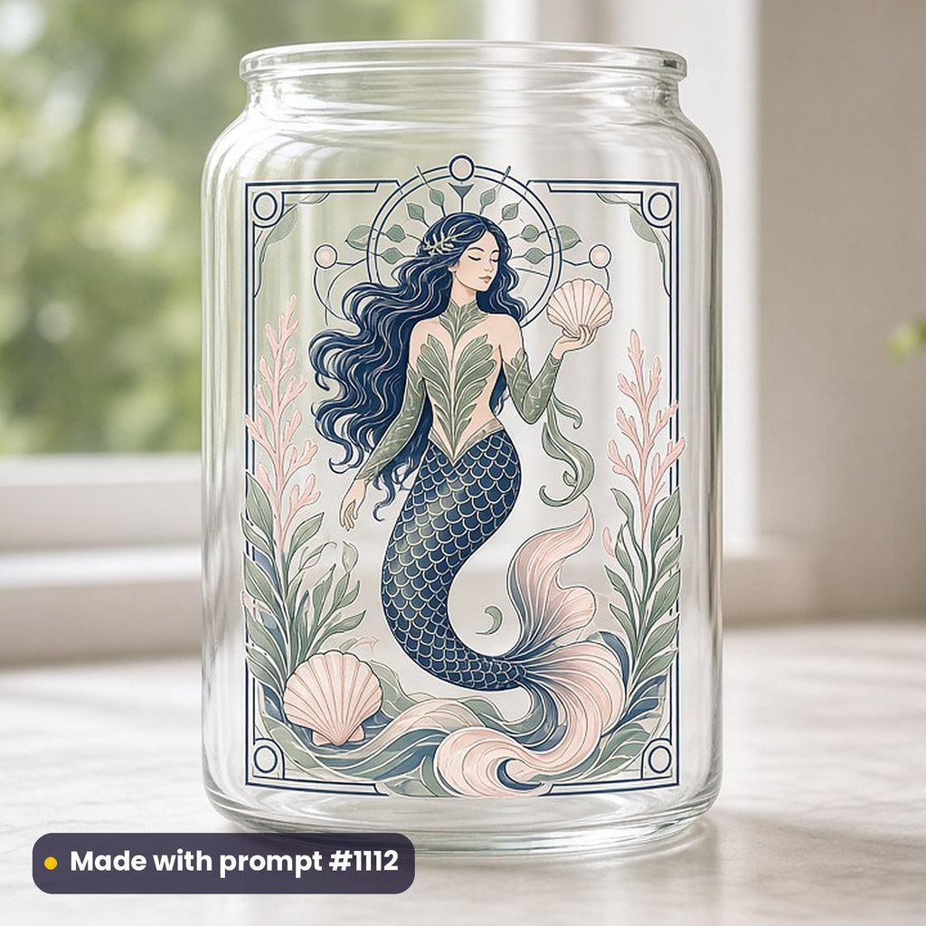 Myth & Fairytale artwork printed on a UV DTF decal on glass: mermaid holding shell, art deco style, made with prompt #1112 from this pack