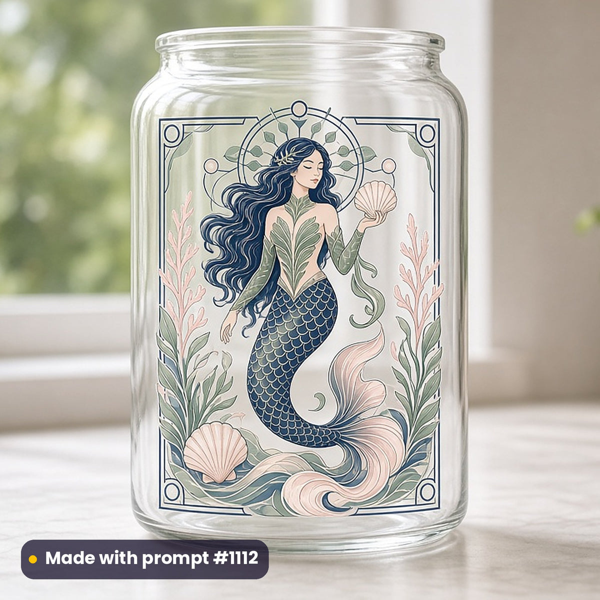 Myth & Fairytale artwork printed on a UV DTF decal on glass: mermaid holding shell, art deco style, made with prompt #1112 from this pack