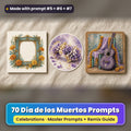 Día de los Muertos prompt pack: 70 master prompts + Remix Guide, with a UV-printed greeting card, acrylic ornament and mug set made with prompts #5, #6 and #7
