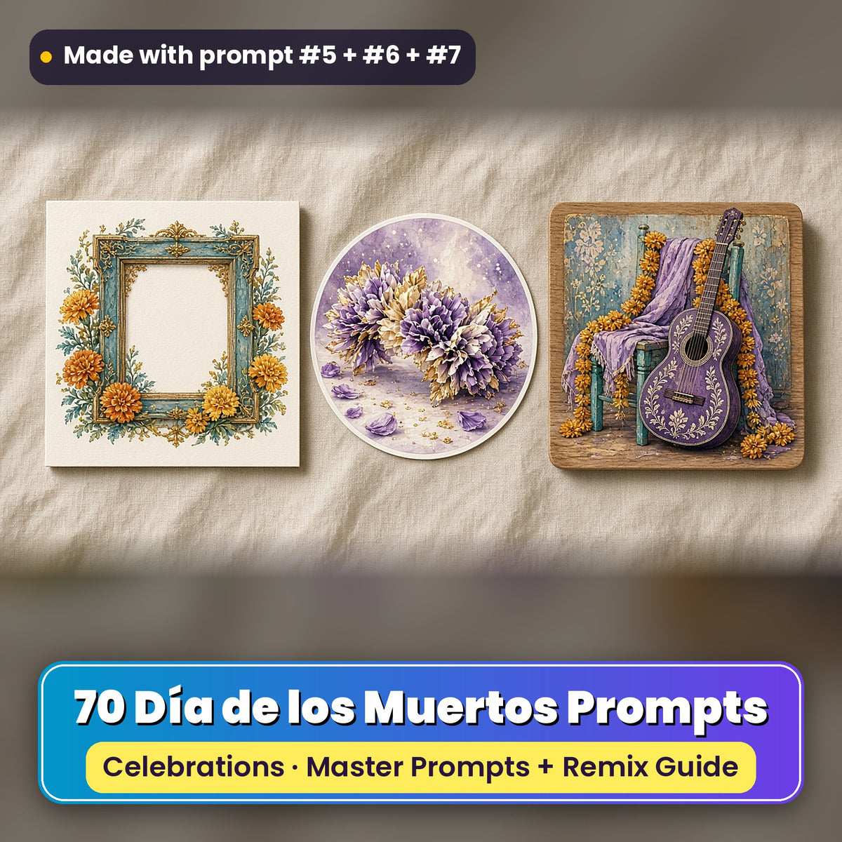 Día de los Muertos prompt pack: 70 master prompts + Remix Guide, with a UV-printed greeting card, acrylic ornament and mug set made with prompts #5, #6 and #7