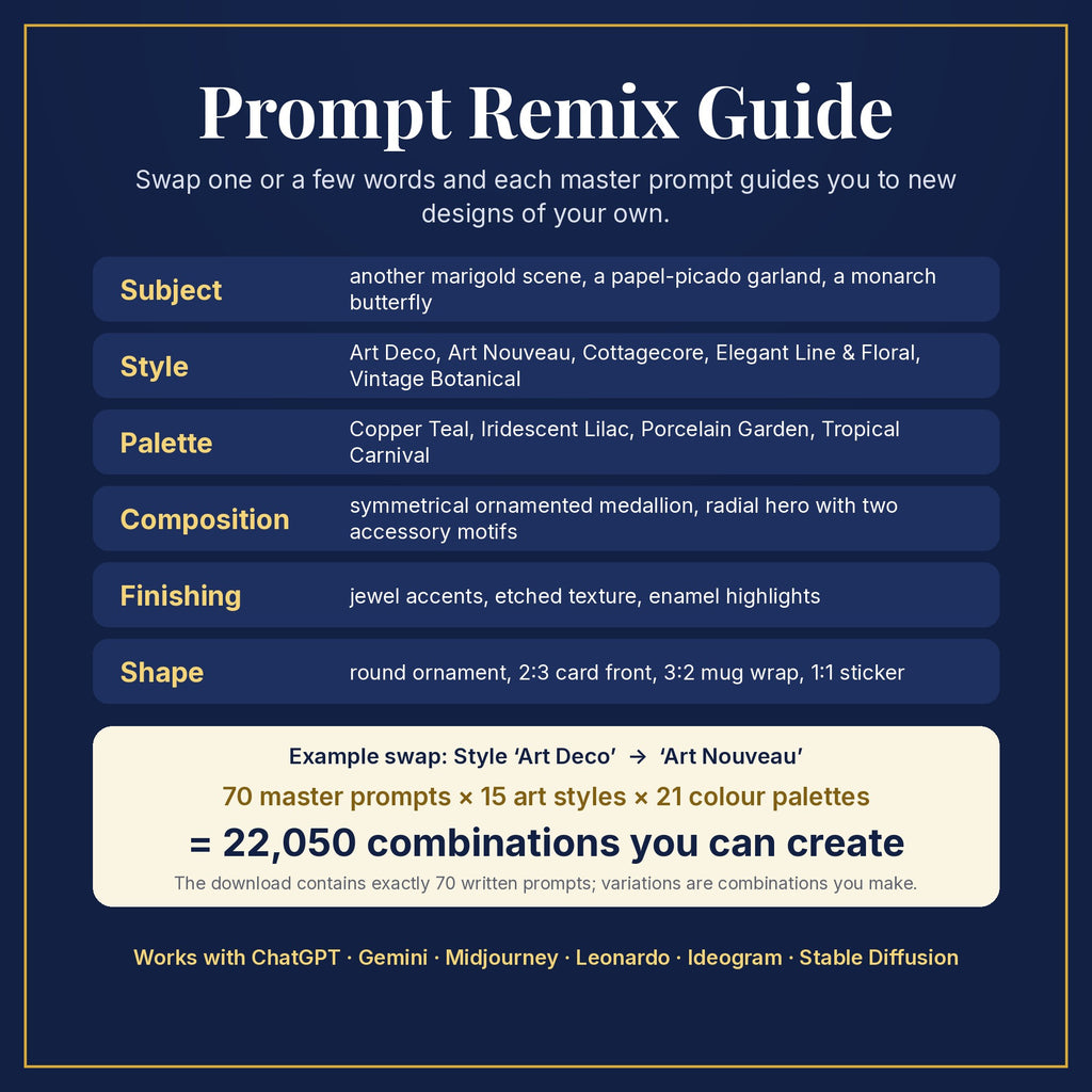 Prompt Remix Guide: swap subject, style, palette, composition, finishing and shape; 70 master prompts × 15 styles × 21 palettes = 22,050 combinations you can create
