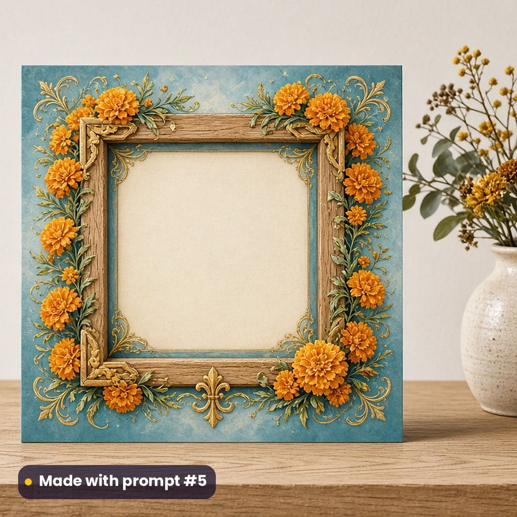 Día de los Muertos artwork printed on a flat-printed greeting card: hand-painted wooden frame wreathed in marigolds, left empty, vintage botanical style, made with prompt #5 from this pack
