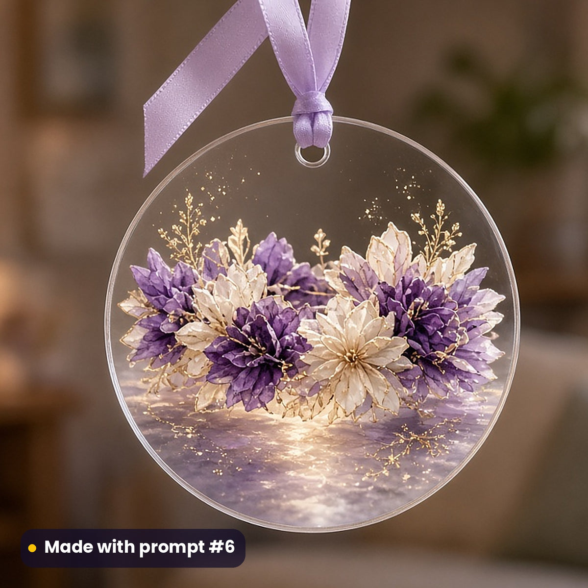 Día de los Muertos artwork printed on a UV-printed clear acrylic ornament: tissue-paper flower crown resting on a table, fantasy luminous style, made with prompt #6 from this pack