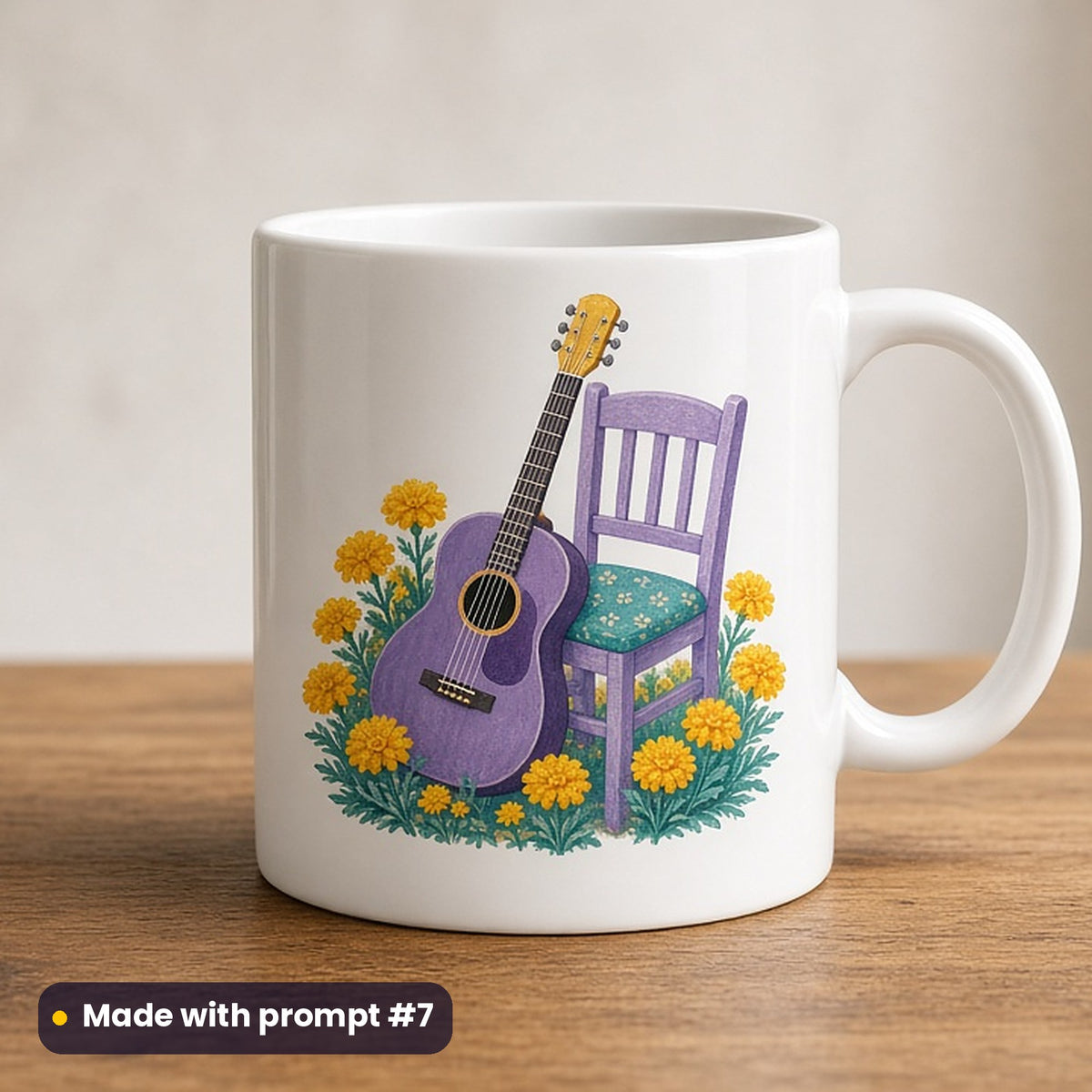 Día de los Muertos artwork printed on a UV-printed ceramic mug: guitar resting on a marigold-decked chair, folk art style, made with prompt #7 from this pack