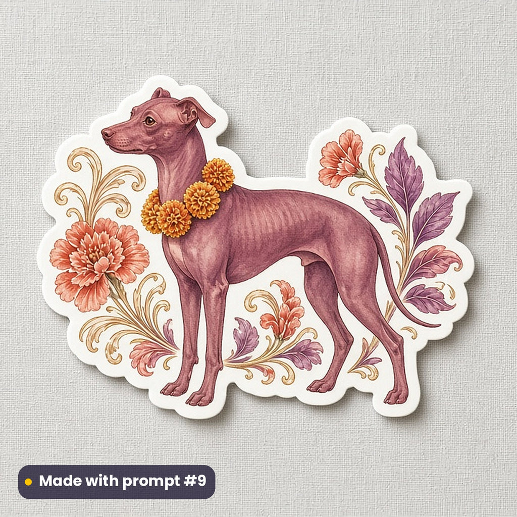 Día de los Muertos artwork printed on a die-cut vinyl sticker: hairless xolo dog wearing a marigold collar, luxury porcelain style, made with prompt #9 from this pack