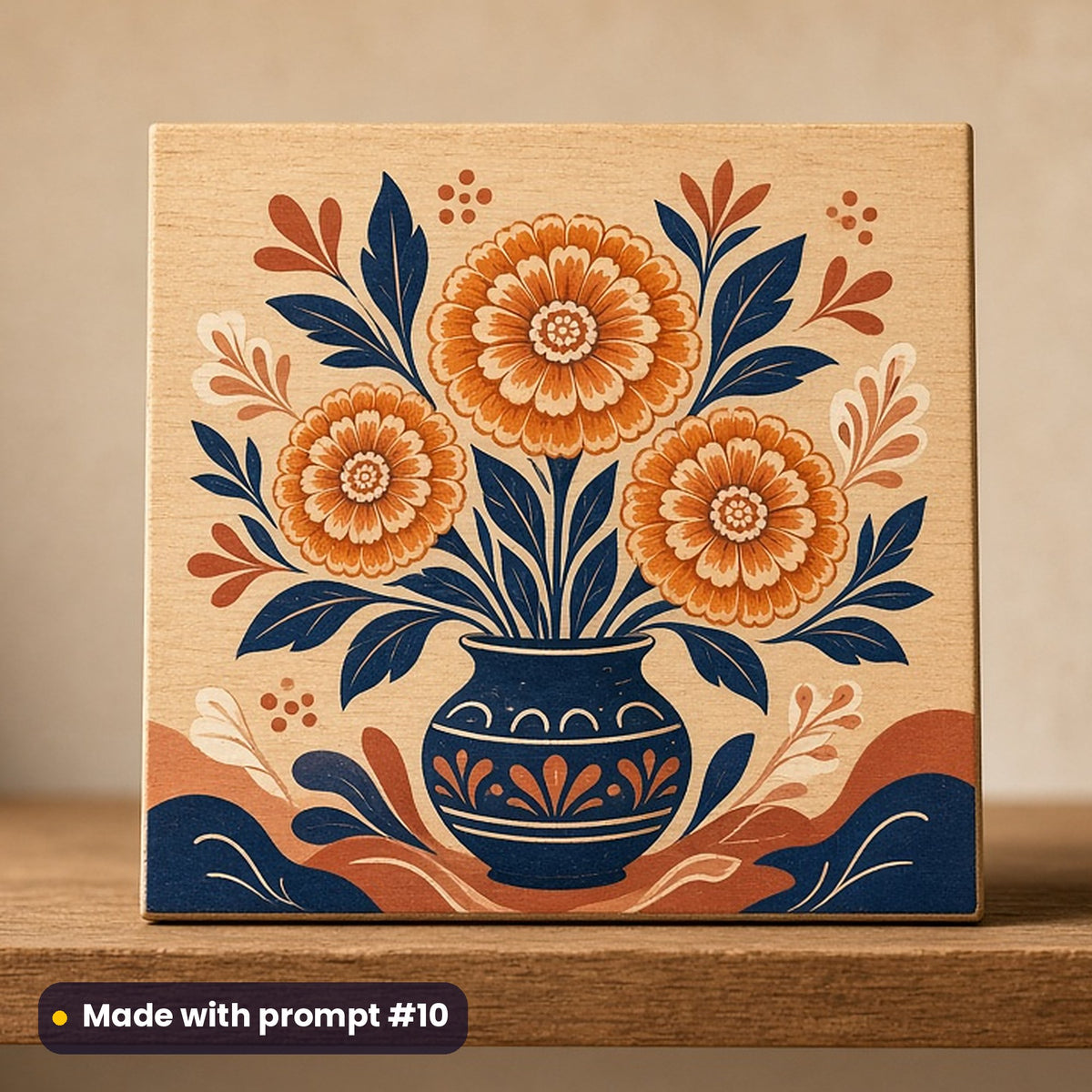 Día de los Muertos artwork printed on a UV-printed wooden plaque: cempasuchil marigold bouquet, minimal bold graphic style, made with prompt #10 from this pack