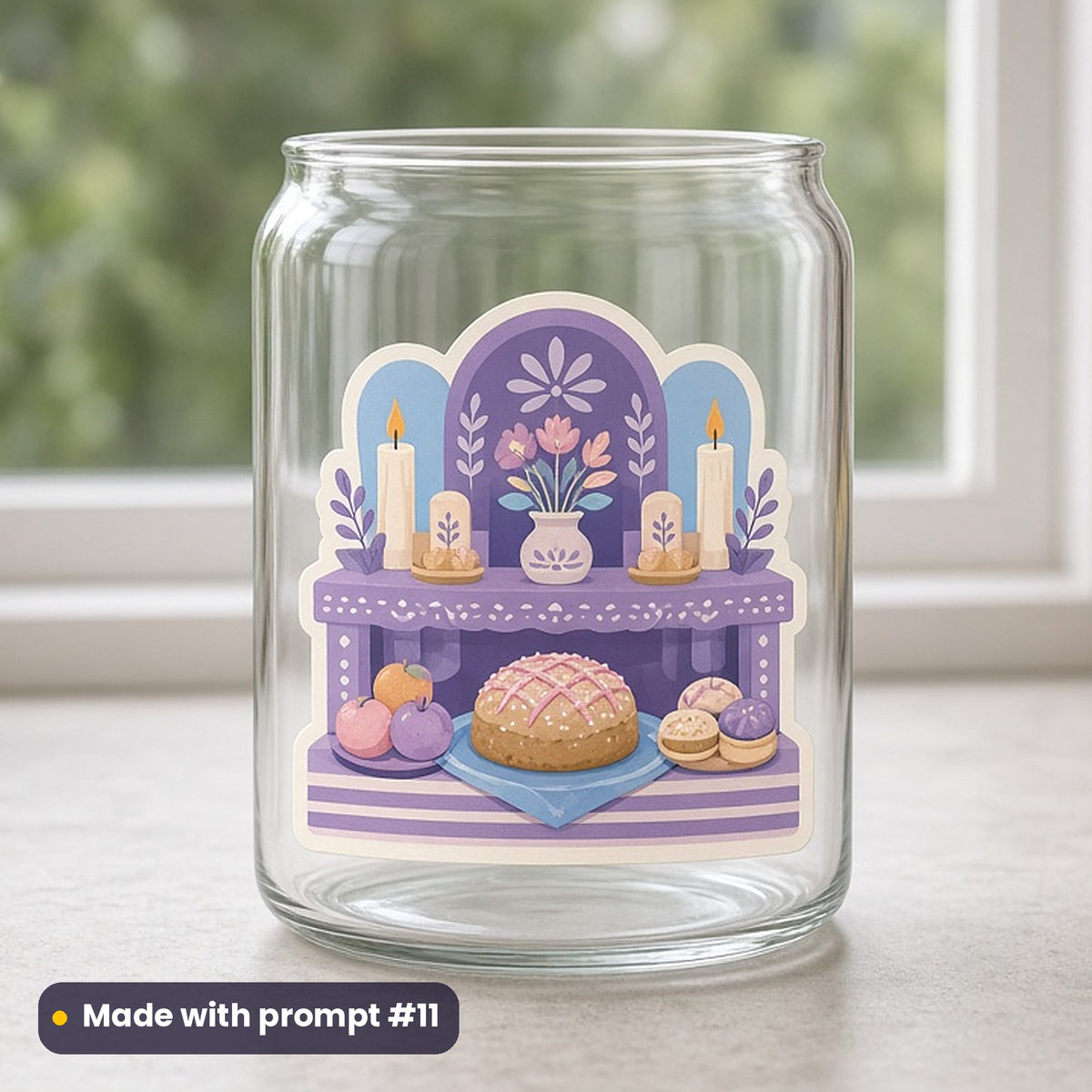 Día de los Muertos artwork printed on a UV DTF decal on glass: ofrenda with candles, fruit and sweet bread, modern scandinavian style, made with prompt #11 from this pack