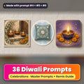Diwali prompt pack: 36 master prompts + Remix Guide, with a UV-printed greeting card, acrylic ornament and mug set made with prompts #4, #5 and #6