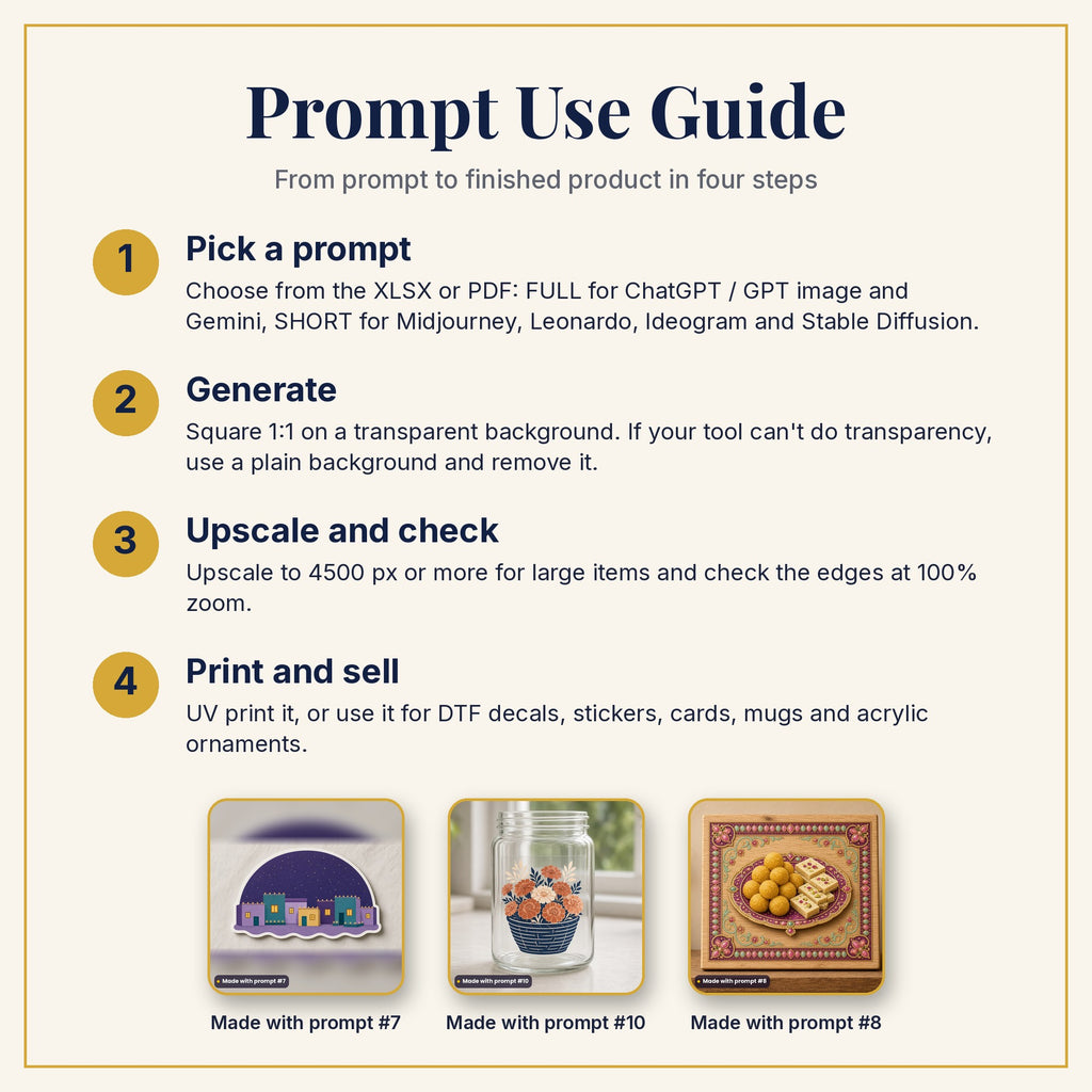 Prompt Use Guide: pick a prompt, generate, upscale and check, then print and sell, with example products made with prompts #7, #10 and #8