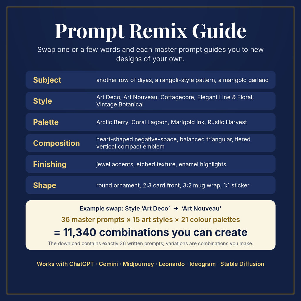 Prompt Remix Guide: swap subject, style, palette, composition, finishing and shape; 36 master prompts × 15 styles × 21 palettes = 11,340 combinations you can create