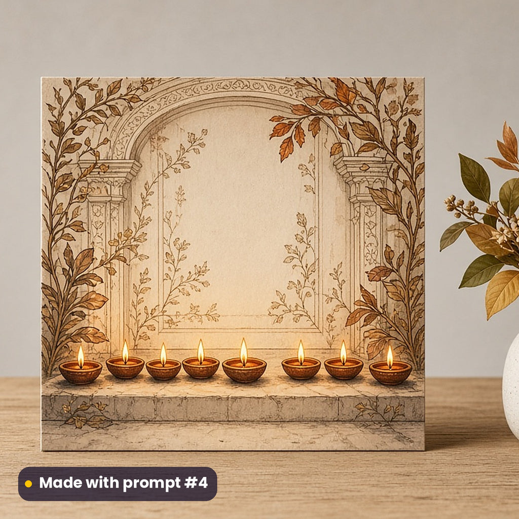 Diwali artwork printed on a flat-printed greeting card: row of clay diyas glowing on a doorstep, elegant line & floral style, made with prompt #4 from this pack