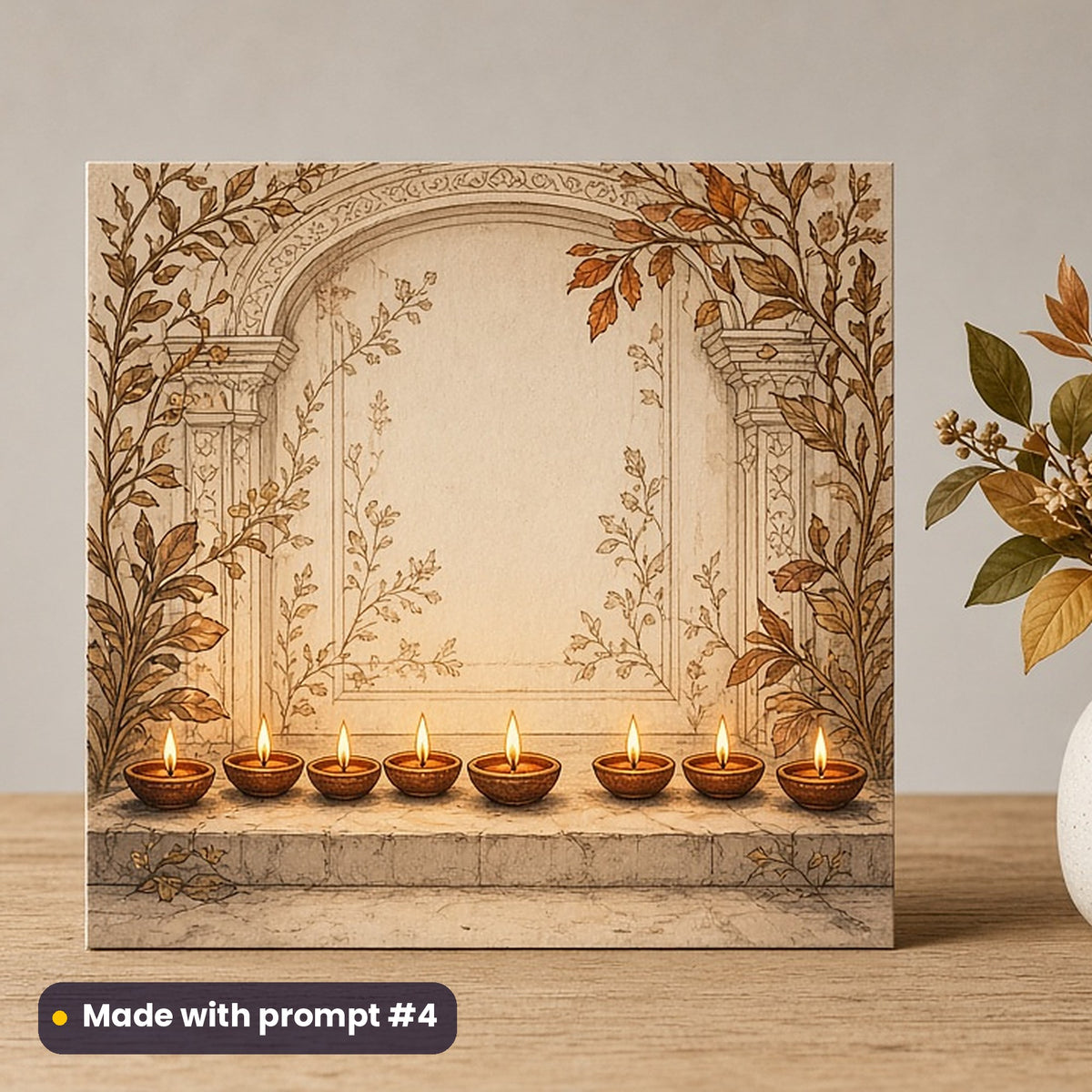 Diwali artwork printed on a flat-printed greeting card: row of clay diyas glowing on a doorstep, elegant line & floral style, made with prompt #4 from this pack