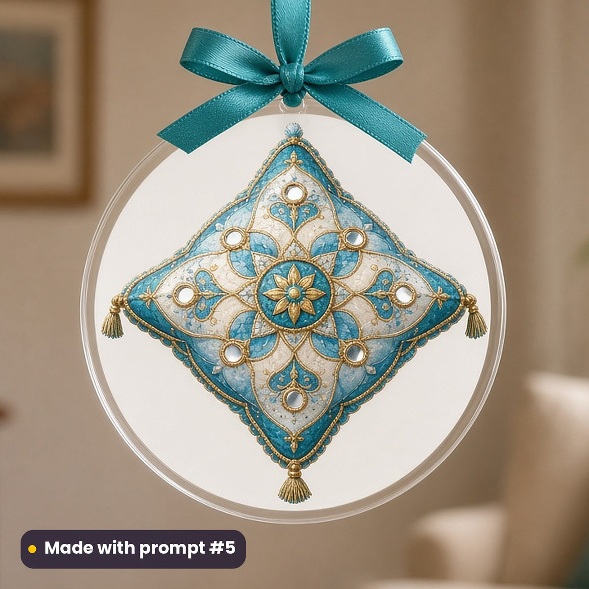 Diwali artwork printed on a UV-printed clear acrylic ornament: embroidered cushion with mirror work, vintage botanical style, made with prompt #5 from this pack