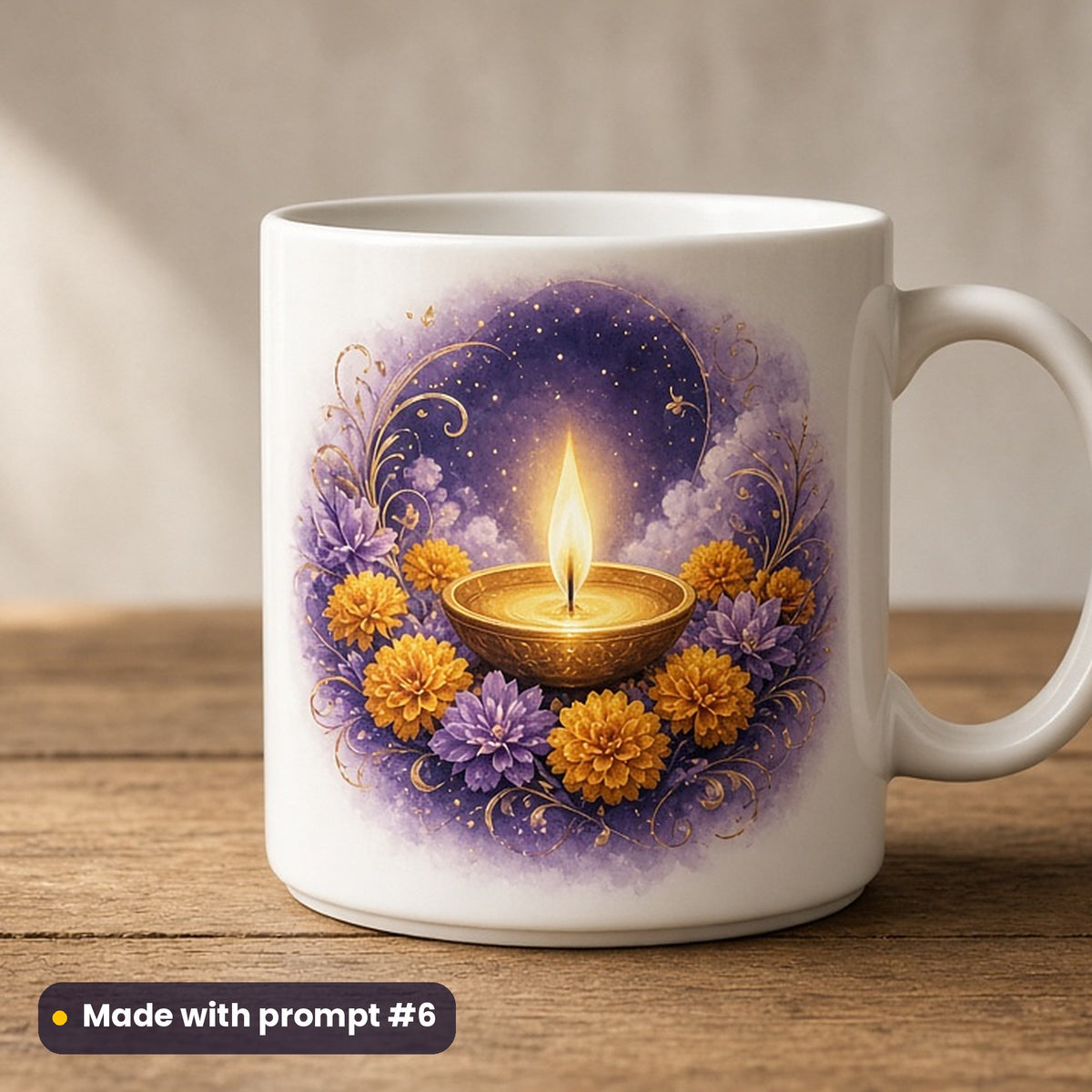 Diwali artwork printed on a UV-printed ceramic mug: diya with a flickering flame in a marigold ring, fantasy luminous style, made with prompt #6 from this pack