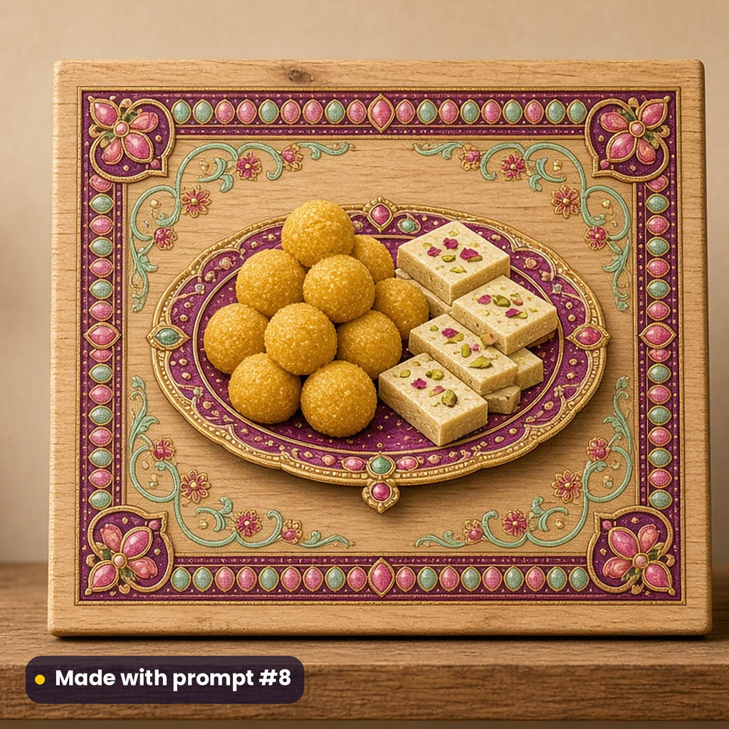 Diwali artwork printed on a UV-printed wooden plaque: plate of ladoos and barfi, luxury enamel & gemstone style, made with prompt #8 from this pack