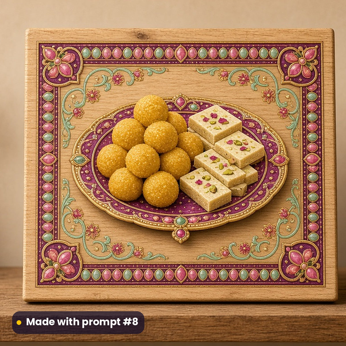 Diwali artwork printed on a UV-printed wooden plaque: plate of ladoos and barfi, luxury enamel & gemstone style, made with prompt #8 from this pack