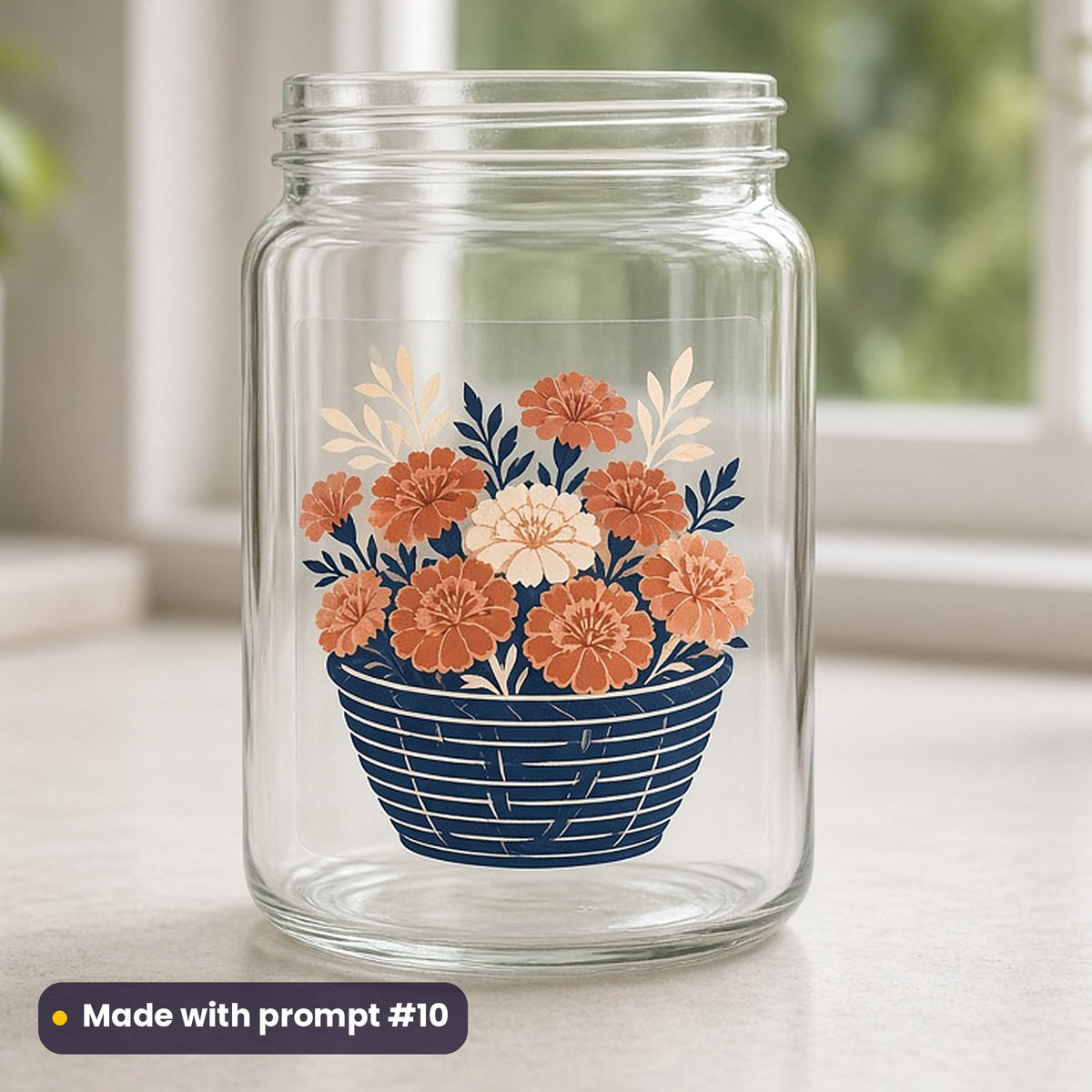 Diwali artwork printed on a UV DTF decal on glass: basket heaped with marigold flowers, minimal bold graphic style, made with prompt #10 from this pack