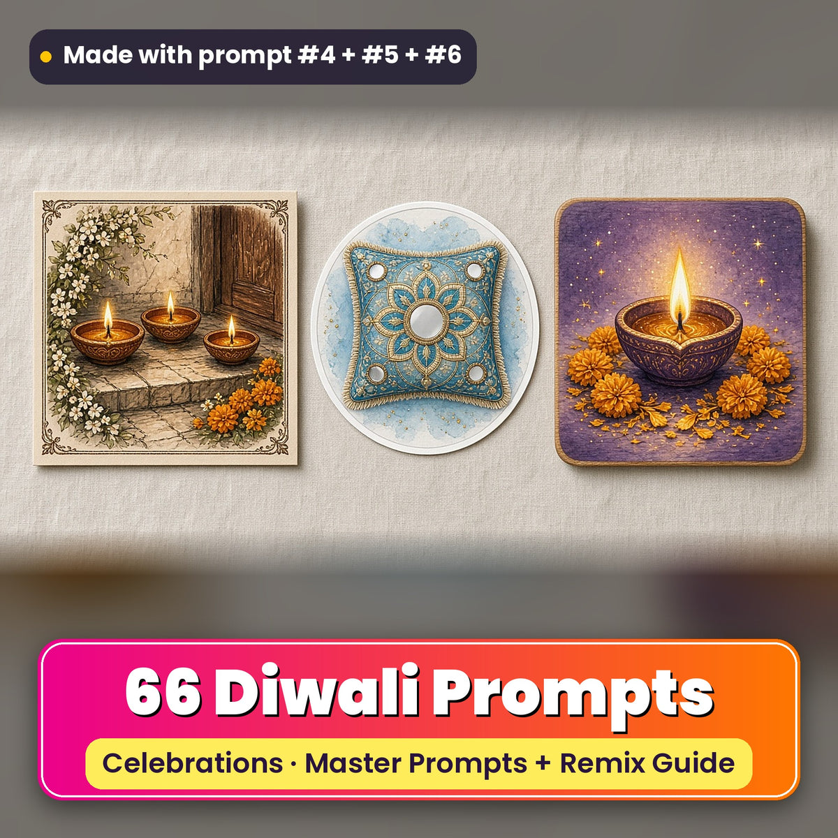 Diwali prompt pack: 66 master prompts + Remix Guide, with a UV-printed greeting card, acrylic ornament and mug set made with prompts #4, #5 and #6